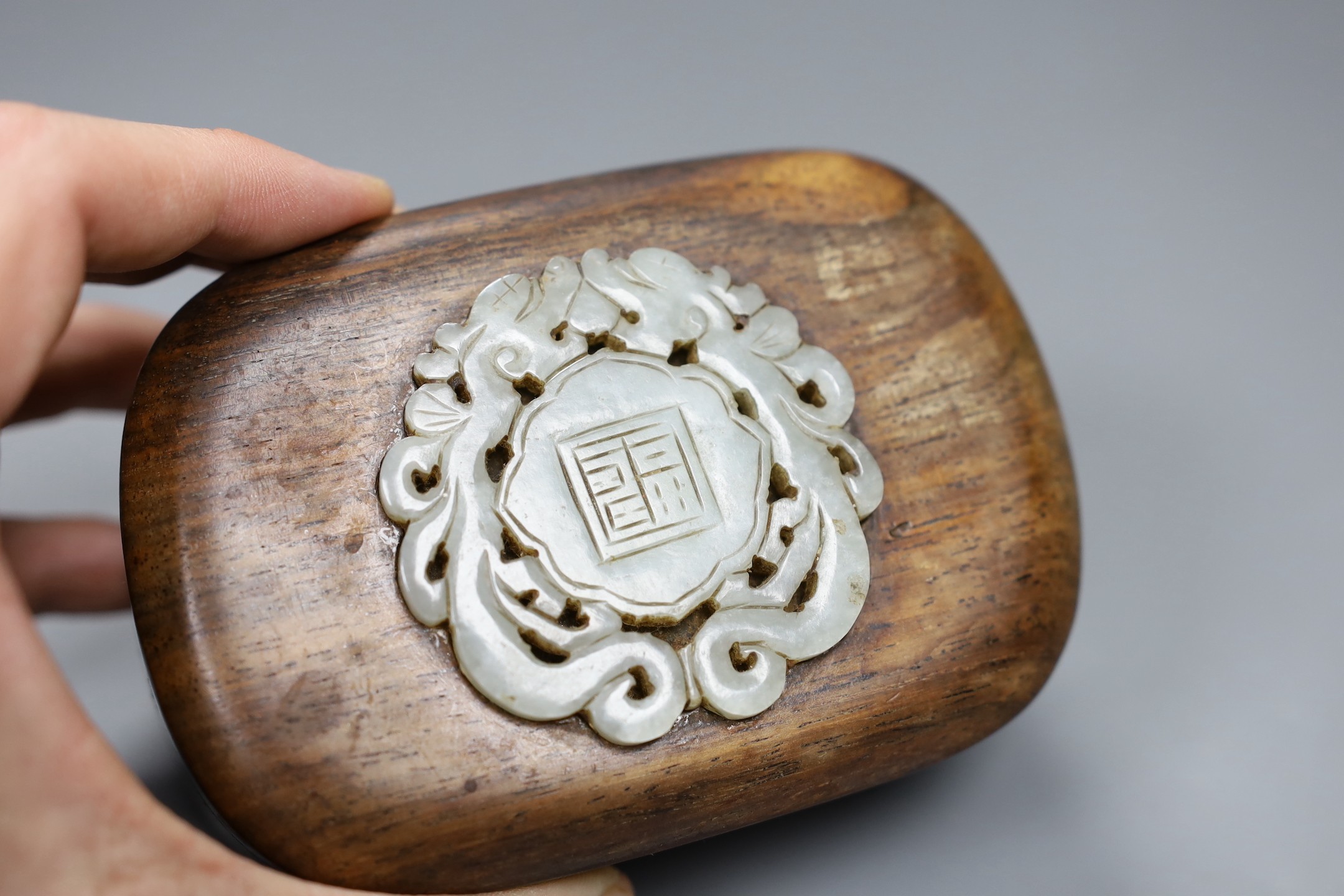 A Chinese hongmu and jade mounted box, 11cm wide